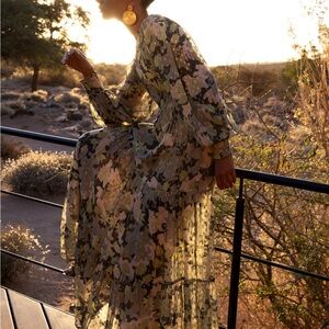 OLIPHANT smocked Top Maxi- Suzani Charcoal Golden details Small